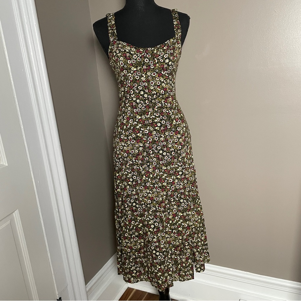 ZARA Olive Green Floral Viscose Midi Dress XS Side Slit 90s Style